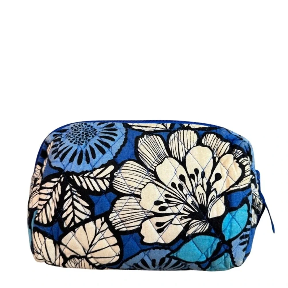 Vera Bradley Indigo Pop Cosmetic Bag Blue Floral Quilted Cotton Makeup Pouch